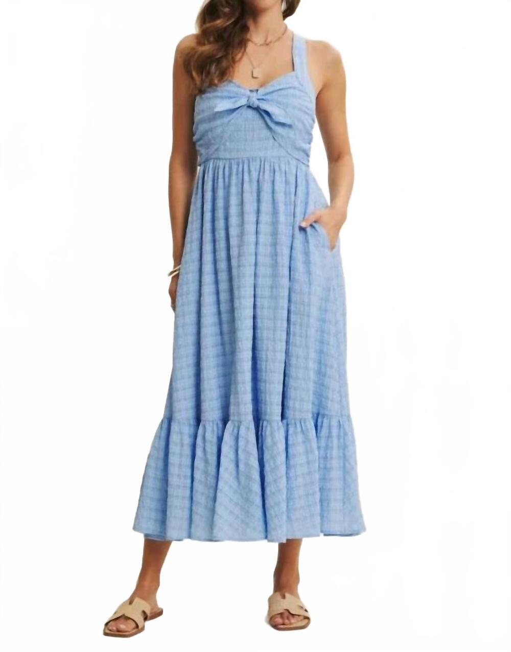 NEW IN FEBRUARY mood-lifting textured flare smocked midi dress in blue